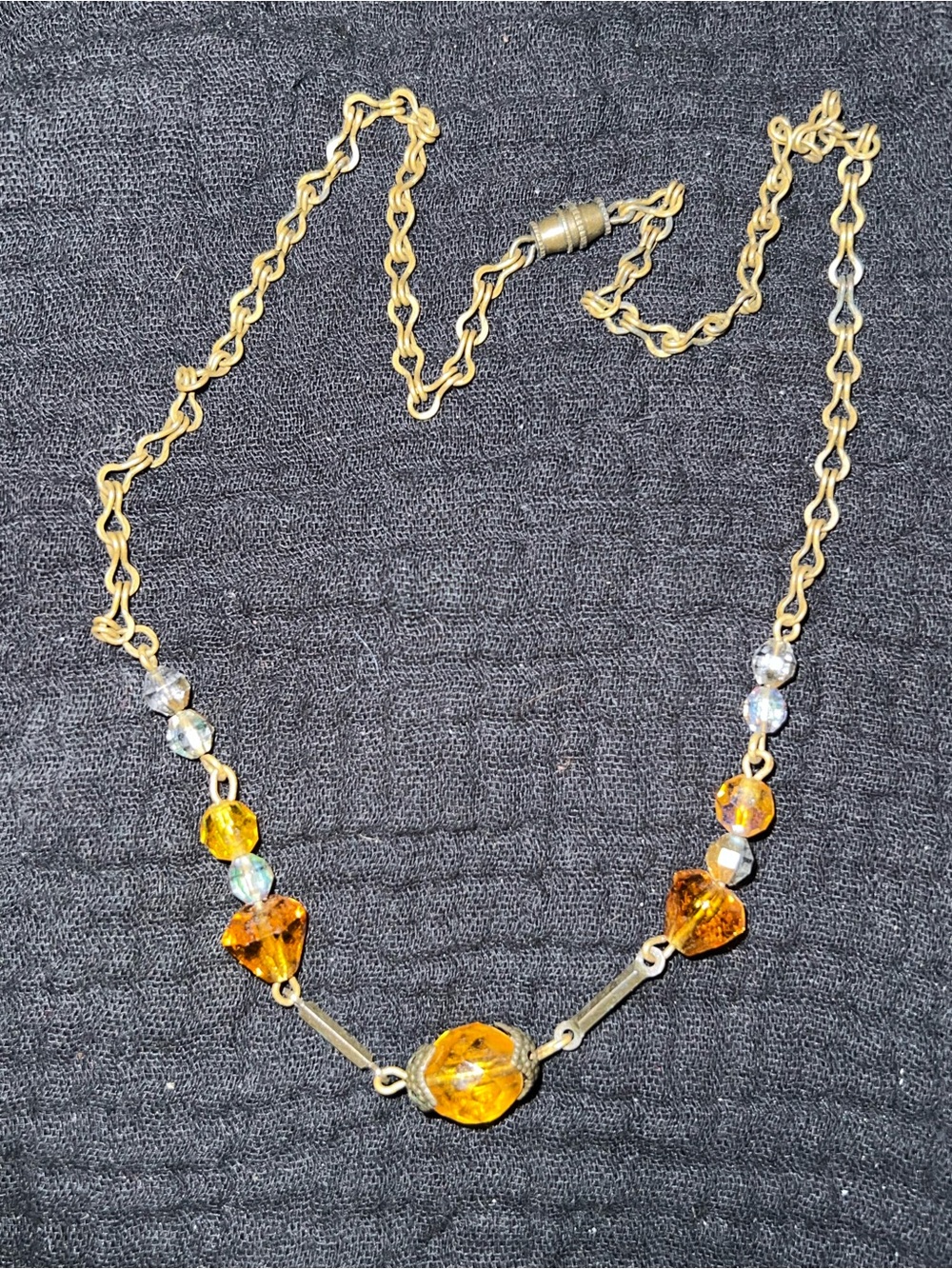 Vintage 1930's Czechoslovakia Amber Colored Glass Gold Tone Necklace 16”